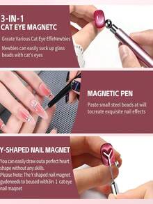 4件套猫眼磁铁套装 - 黑色珠子磁性凝胶指甲油笔和心形磁铁，适用于美甲、猫眼美甲，非常适合居家DIY和美甲设计 - 彩色 - 查看 3
