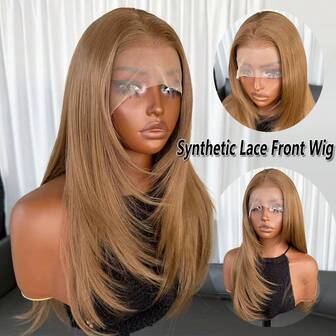 Braune 13x4 Kanekalon Futura Haar Synthetische Lace Front Perücke für Frauen 18 Zoll mittellanges welliges Vorhangfransen Glueless Kanekalon Haar beständige synthetische Haar Perücken Mittelscheitel 150% Dichte Spitze Welle Perücke für täglichen Gebrauch, natürliche Haaransatz Glueless Perücken für modebewusste Frauen und Mädchen, Party, Urlaub, Make-up Verwendung