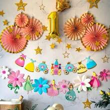 QY- Decoración Banner Letrero Kit Paquete Completo Feliz Cumpleaños Happy Birthday de Princesas Castillo Vestidos con Pompones Coloridos y Estrellas Fácil de Montar para Fiesta Decorar Pared Adorno Reutilizable Vintage Rose Gold para Niñas o Niños -2195 - doradocolores - Ver 1