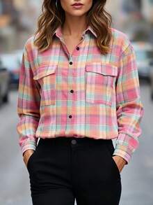 Women's Plaid Lapel Single-Breasted Casual Versatile Commuting Long Sleeve Shirt - Pink - View 3