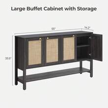 SICOTAS Rattan Sideboard Buffet Cabinet With Open Storage - Large Storage Cabinet With 4-Doors And Adjustable Shelves, Boho Credenza Coffee Bar Cabinets Buffet Table Console Table For Kitchen - Sồi đen - Xem 4