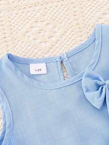 2pcs/Set Girls' Cute Bow Decor Vest & Shorts Set, Casual Outdoor Solid Color Vest And Shorts Outfit - Baby Blue - View 4