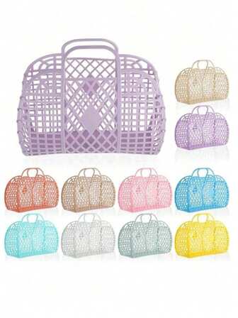 折りたたみ式プラスチックメッシュランドリーバスケット ハンドル付き - 軽量 ポータブル バスルーム/ドーム収納バスケット、ゼリープラスチック オーガナイザーバスケット、ホーム収納&オーガナイゼーション、バスケット、収納ボックス、コンテナ、収納バスケット