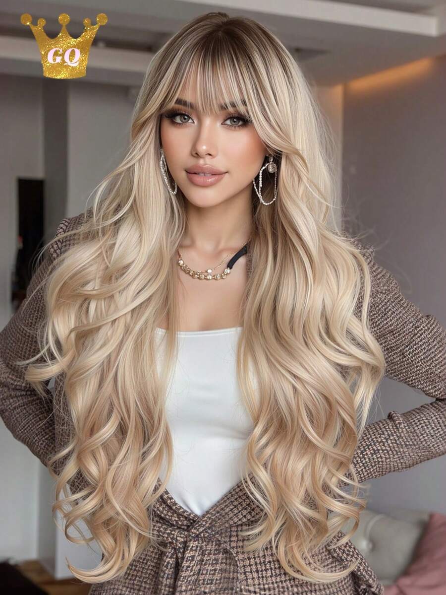 30 Inch Extra Long Ombre Gold Wig With Bangs, Big Curl Gold/Light Gold Wig, Women's Natural Heat Resistant Synthetic Wig, Suitable For Work, Party, Daily Wear - Blonde Highlight - View 1
