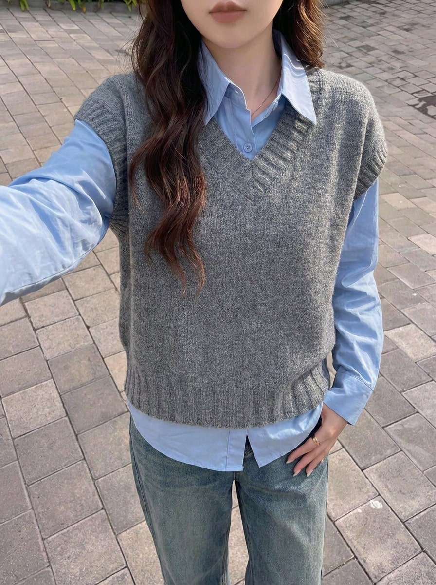 Rikumo Women's Autumn/Winter Minimalist V-Neck Pullover Vest Winter - Light Grey - View 1