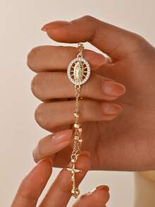 1pc Classic Handmade Copper Beaded Virgin Mary Bracelet, Guadalupe Virgin, St. Jude Charm Beaded Cross Catholic Jewelry, Religious Rosary Bracelet, Suitable For Friends, Girlfriends, Women's Daily And Holiday Wear - Yellow Gold - View 9
