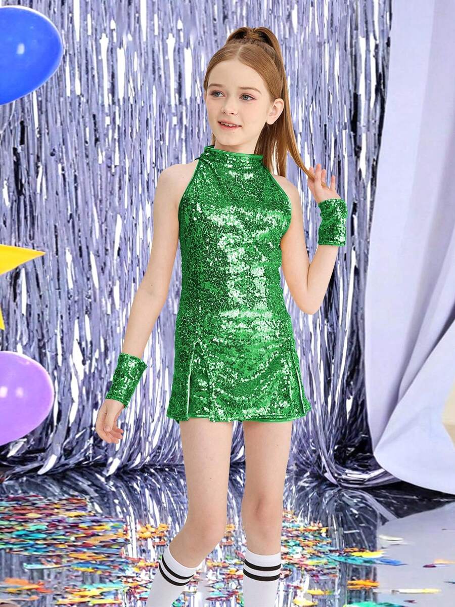 LONTAKIDS Girls Sequins Dance Clothes Dress 4-12 Yrs Sparkle Hip Hop Jazz Dance Outfit, Sleeveless Top And Shorts - 綠色 - 查看 1