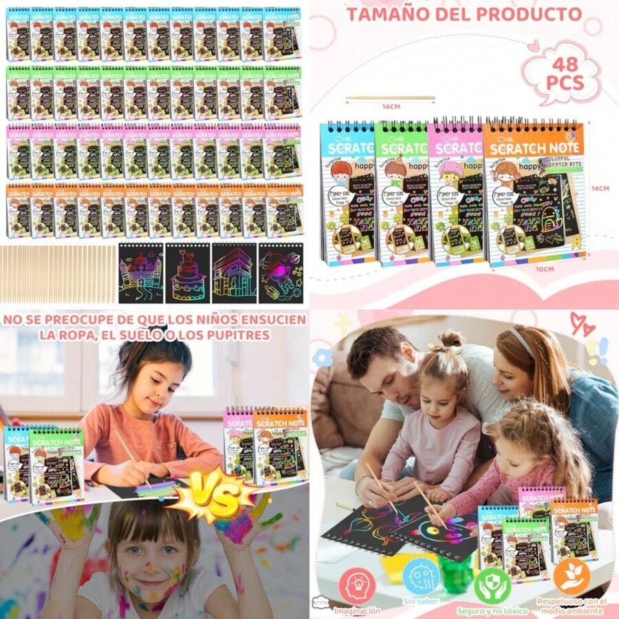 Scratch Art Paquete de 48 Scratch Multicolor Paper Cuadernos de Arte Para Rascar con 48 lápices Recuerdos de Fiesta de Arte para Arañazos para niños - Multicolor - Ver 1