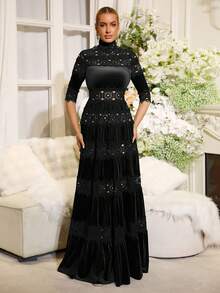 Nouvelle robe maxi en flanelle à design de dentelle brodée vintage, robe plissée sexy à col montant et manches longues ajustée, pour mariage, fête, soirée de gala, Saint-Valentin, couleur noire - Noir - Voir 2