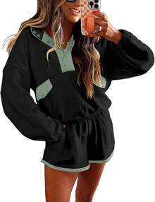 Womens Color Block Two Piece Sets Long Sleeve Oversized Sweatshirts Pullover And Shorts Set Matching Sets With Pockets, 2025 JJYR - 黑色 - 查看 12