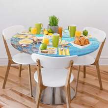 Teal Beach Round Fitted Tablecloth With Elastic Coastal Starfish Fitted Cirrcle Table Cover Waterproof Wipeable Outdoor Table Cloth For Kitchen Parties Dining Holiday Decor (Fit For 45inch-50inch Tables),48inch(Round),D:BeachTeal - D:海灘藍綠色 - 查看 9
