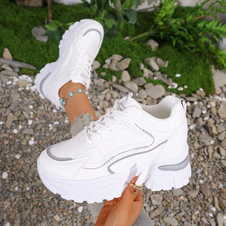 女士秋冬新款坡跟金色亮片运动鞋，厚底增高休闲时尚百搭跑步鞋 - 灰色 - 查看 1