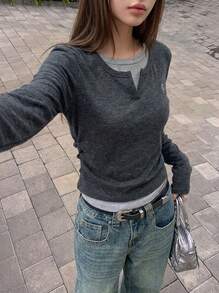 Rikumo Camiseta de manga larga de ajuste delgado con definición de cintura, detalles bordados, camiseta para capas en otoño e invierno