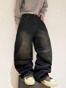 1pc Justice Brother Casual Personalized Multi-Color Embroidered Niche Design Men's Black Denim Jeans, Fashionable Wide-Leg Pants, Comfortable Loose Trousers (Belt And Accessories Not Included) - 黑色 - 查看 2