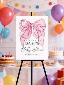 Personalized Baby Shower Welcome Sign - Pink Bow And "Welcome To Daisy's Baby Shower" Text - Frameless Canvas Poster - Elegant Cursive Font - Birthday, Christmas Decor - Gift For Mom, Family - Easy To Hang - Perfect For Home - Multicolor - View 5