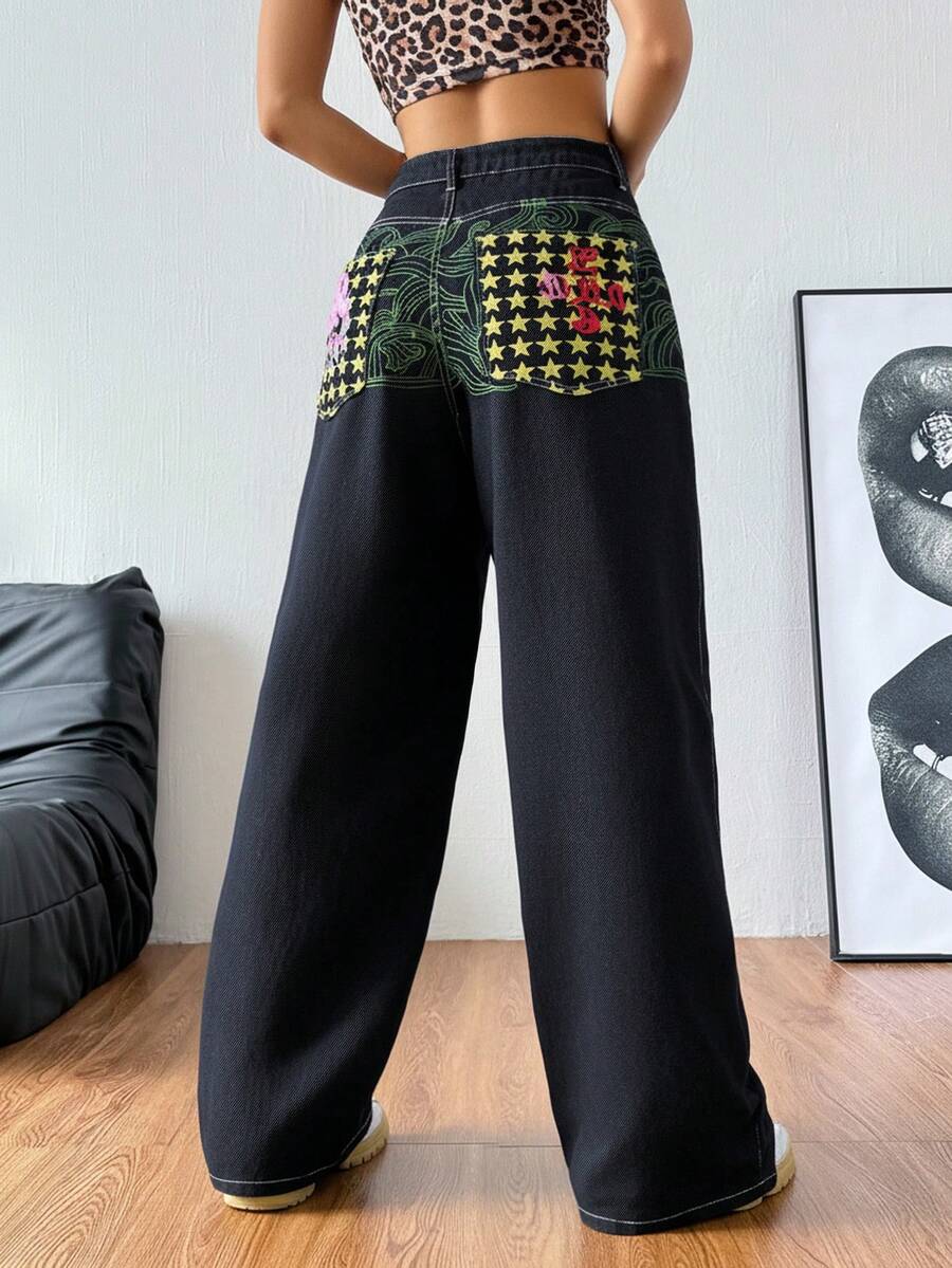 Women's Hip Hop Graphic Baggy Jeans Wide Leg Mid-Low Waist Jeans Loose Boyfriends Jeans 90s Vintage Denim Pants,Spring Clothes For Women - màu đen - Xem 1