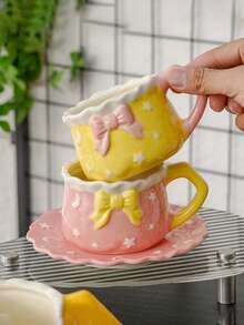 1 Set Healing Starry Sky Ceramic Coffee Cup & Saucer Set, Cute Korean Style Mug, Matching Star & Moon Pattern Coaster, High-Quality Creative Afternoon Tea Cup Suitable For Mint Tea, Latte, Espresso, Americano, Cappuccino, For Home And Restaurant - Multicolor - View 9
