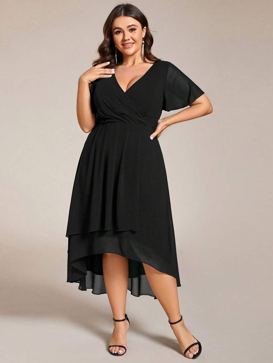 EVERPRETTY Chiffon Ruffle Sleeve V-Neck High-Low Hem Black Bridesmaid Dress, Summer Wedding Guest Vacation Dress