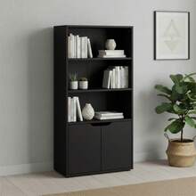 Ecommerc3 MOBLEKIT | Modular Wooden Shelves With Different Compartments And Door Options, Bookcases And Storage Furniture For Bedroom, Kitchen Or Entryway - Black - 4 Levels + Doors | 59*29*120cm - View 5