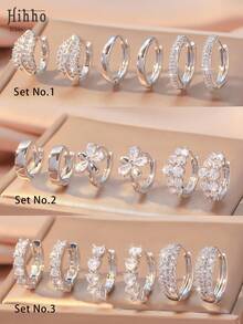 Hihho 6件套优雅锆石耳钉，经典复古简约奢华设计，适合日常叠戴或单独佩戴，是送给朋友的最佳礼物。 - 銀色 - 查看 1