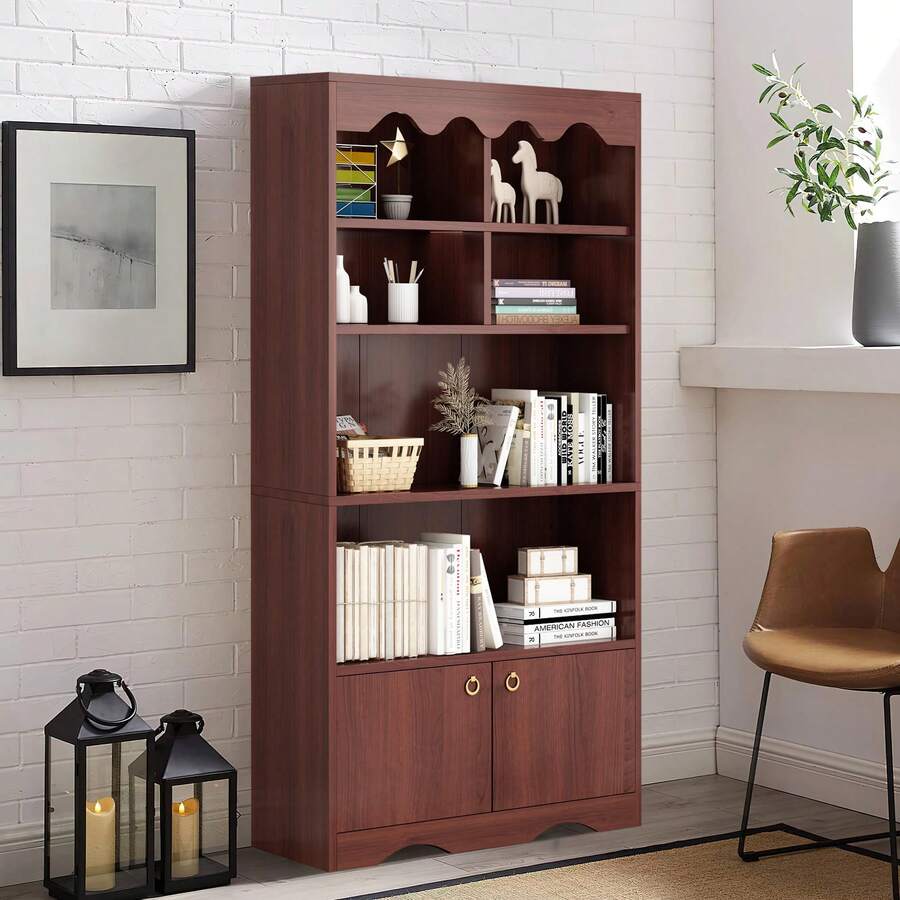 Estantería de 160 cm de alto con armario, de madera de 5 niveles con tablero ondulado, 6 cubos y armarios de 2 puertas, moderna estantería con tiradores dorados para sala de estar, dormitorio y oficina en casa, color nogal. - Color madera de nogal - Ver 1