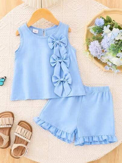 2pcs/Set Girls' Cute Bow Decor Vest & Shorts Set, Casual Outdoor Solid Color Vest And Shorts Outfit