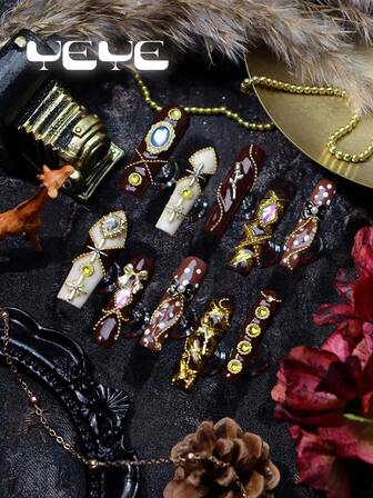 10pcs Fake Nails Press On Long Square, European Style,Brown Color,Black White,Amber,Polka Dot,Rose,Bowknot,Gold Chrome, Elegant 3d Three-Dimensional Decoration Rhinestone Decor,Gold Chain,Plaid,Cross,Royal Full Coverage Press On Nails Fall Kit,For Girls And Women With 1pc Mini Nail File & 1 Sheet Adhesive Tabs,Goth Nail Art For Girls Daily Life And Party Use