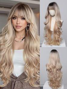 30 Inch Extra Long Ombre Gold Wig With Bangs, Big Curl Gold/Light Gold Wig, Women's Natural Heat Resistant Synthetic Wig, Suitable For Work, Party, Daily Wear - Blonde Highlight - View 12