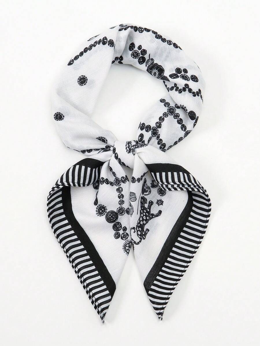 1条简约印花70厘米方形围巾，新款春季女士头巾，多功能腰带，包包装饰，头巾，时尚领巾 - 黑與白 - 查看 1