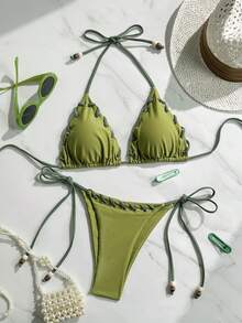 2pcs Solid Color Casual Cute Elegant Sexy Bohemian Metallic Accent Bikini Swimwear, Beach, Holiday, Daily, Spring/Summer Vacation - Olive Green - View 2