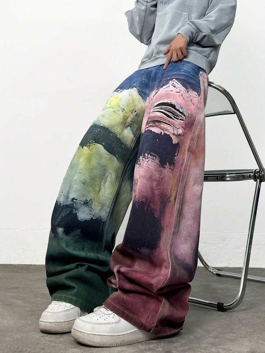 1 chiếc quần jeans nam ống rộng dáng suông, in họa tiết đồ họa nhiều màu sắc theo phong cách đường phố Justice Brother (Không bao gồm thắt lưng và phụ kiện) - Nhiều màu - Xem 1