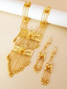 3pcs Elegant & Luxurious Gold Long Necklace And Earrings Set, Hollow Faux Turquoise Jewelry Set, Suitable For Women's Daily, Party, Wedding, Holiday As Gift - Yellow Gold - View 1