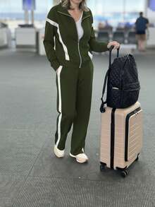 Casual Women's Fashion Commuter Suit, Comfortable Loose Splice Contrast Color Long Sleeve Jacket Top + Striped Contrast Color Straight Leg Pants 2 Pieces Set Spring Elegant - Green 29 - View 3