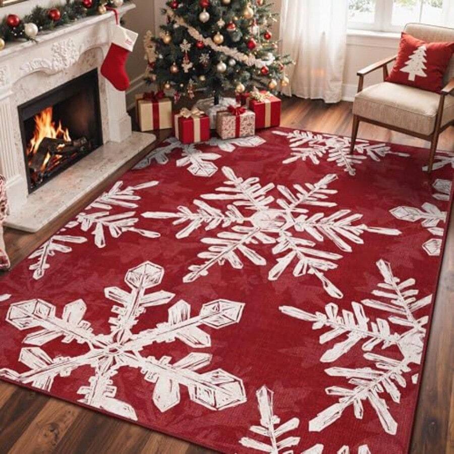 Alfombra navideña 2x3 pies lavable para entrada recámara decoración hogar estampado antideslizante - Patrón de cuento de Navidad rojo+7' x 5' (Rectangular) - Ver 1