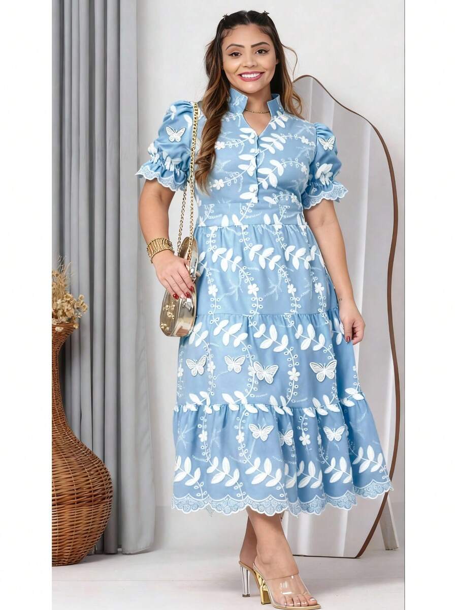 Women's Midi Dress In 3D Lace Fabric With Elastic At The Back, Button Closure At The Front, And Lining. - Blue/white 3d - View 1