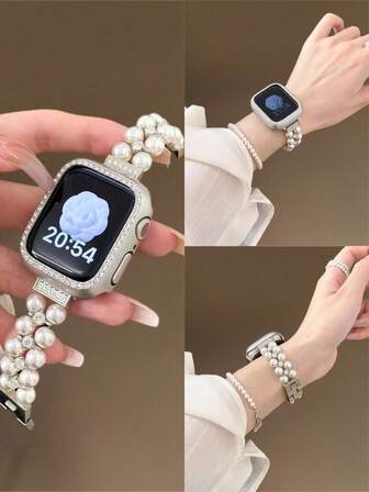 Snyggt Apple-inspirerat klockarmband med pärlor och diamanter och fritt justerbar storlek | Elegant design, kompatibel med Apple Watch Ultra/SE/serien 11/10/9/8/7/6/5/4/3/2/1 | Passar 38 mm 40 mm 41 mm 42 mm 44 mm 45 mm 46 mm 49 mm