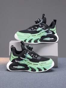 1 Pair Kids Sports Shoes, Boys/Girls Athletic Sneakers, Breathable Mesh + PU Upper, Rotary Buckle Closure, Suitable For Boys/Girls, PU Leather, All Season, Back To School, Lightweight, Easy To Wear - 綠色 - 查看 6