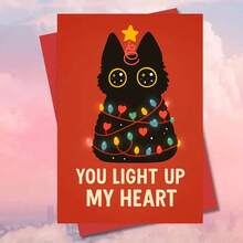 1pc You Light Up My Heart Cat Christmas Lights Card Greeting Card With Envelope Festive Feline Design With Colorful HeartShaped Bulbs, Perfect For Romantic Occasions And Valentine's Day, Great For Friends, Colleagues, Couples - Multicolor - View 6