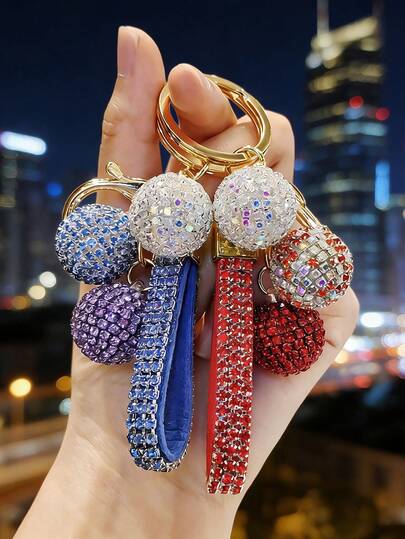 1pc Fashionable Valentine's Day & New Year Gift Rhinestone Ball Keychain, Personalized Pendant Charm, Colorful Crystal Couple Bag/Car Key Chain Accessory