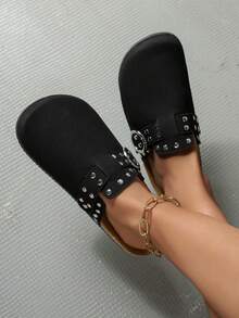 女士时尚新款毛绒闭趾单扣舒适室内外度假休闲平底拖鞋 - 黑色 - 查看 5