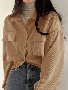 Women's Camel Short Jacket, Vintage Casual Utility Style Top, Drawstring Adjustable Hem, Suitable For Spring & Autumn - Camel - View 3
