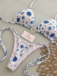 Conjunto de biquíni tankini de cintura alta com estampa de corações dourados elegante para mulheres - Azul e branco - Ver 2