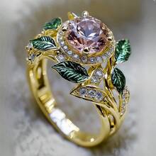 1pc Elegant Fairy Engagement Ring With Sparkling Round Pink Synthetic Cubic Zirconia, 18K Gold Plated Copper Ring, Green Leaf Accent Design, Best Gift For Wedding, Anniversary, Birthday, Valentine's Day - Gold - View 2