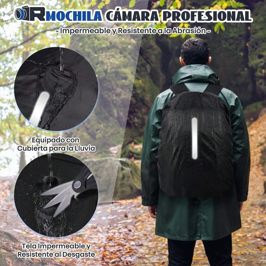 RAINSMORE Mochila para Camara Fotografica DSLR SLR Mirrorless Mochila Camara Laptop Mochila Fotografia con Funda Impermeable y 14 Pulgadas Compartimento Portátil Mochila Antirrobo para Cámara Negro - Beige - Ver 1