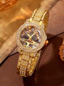 两件套：优雅水晶腕表和心形钻石手链，时尚简约，奢华女士石英表，适合节日、派对、婚礼、聚会和日常佩戴，是送给女性的最佳礼物。 - 金色 - 查看 2