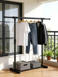 1pc Freestanding Clothes Drying Rack, Simple Balcony Laundry Hanger, Bedroom Storage Clothes Hanging Rod, Indoor Garment Rack - Black - View 9
