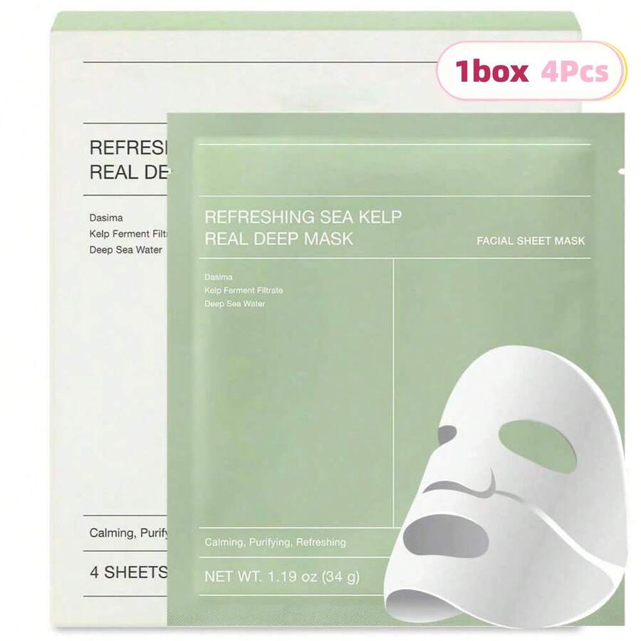 INSTKEE Refreshing Sea Kelp Real Deep Mask, Overnight Hydrogel Mask | Calming, Oil & Sebum Control, Blemish Care | Repairs Skin Barrier, Deep Hydration, Soothes Irritation | Sun Aftercare, Cooling Sensation, Sensitive Skin Friendly | Transparent After Use, Essence Solidified | Korean Skincare, Gifts For Women | 1.19oz(34g) X 4ea - 綠色(1盒) - 查看 1