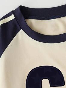 少女数字印花宽松短袖上衣 - 杏色 - 查看 4