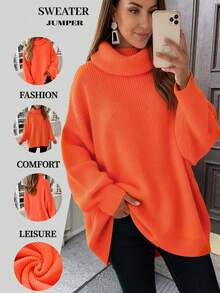 Nuevo suéter de cuello alto de punto de unicolor minimalista y de moda para mujer, otoño/invierno - Naranja Quemada - Ver 6