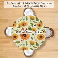 Flower Sunflower Round Tablecloth With Elastic Floral Fitted Round Table Cover Wipeable Circle Outdoor Table Cloths For Parties Dining Kitchen Decor Tablecloth Fit For 40\-44\ Tables,42inch(Round),E:Sunflower - E:sunflower - View 3